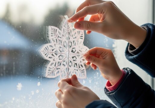 Child's Hands Decorating a Snowflake Window Cling for Winter - Powered by Adobe