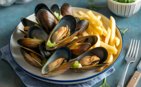 Mosselen met friet (mussels steamed with onions and celery, served with French fries)