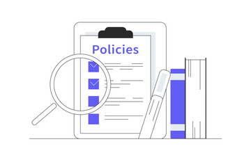 Regulatory compliance rules for office to achieve business goals. Moral standards and productivity. Policies list board company with check list. Flat Cartoon Vector Illustration, icon Stylish abstract