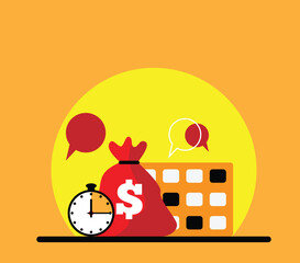Quick Money Idea with Dollar Bag Timer and Calendar Colorful. Investment and trading concept, monetary transactions business vector art