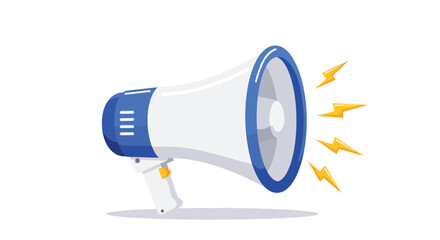 White and blue megaphone with yellow lightning bolt sound waves.