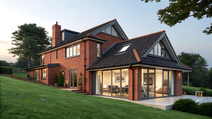 Obraz premium house on the hill, Ultra realistic exterior view of contemporary British home featuring red brick walls and black tiled roof. Modern design includes large sliding glass doors opening onto manicured