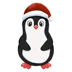 Cute penguin with red Santa hat on white background.