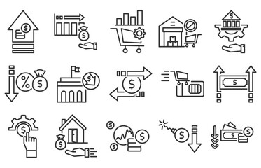 icon pack of inflation in creative outline vector style for finance economic growth money supply fiscal deficit price increase currency weakness and debt crisis illustration