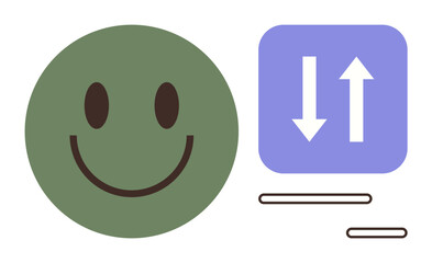 Green happy face paired with purple square containing up and down arrows represents positivity, interaction, and equilibrium. Ideal for emotional wellbeing, communication, balance, positivity