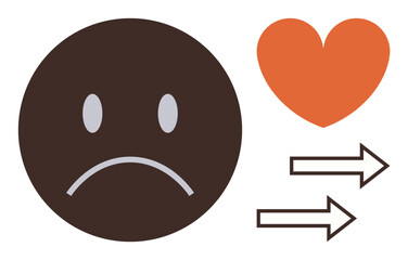 Obraz premium Sad face with frown next to orange heart and two arrows, symbolizing transition, progress, emotional growth, positivity, healing, personal development, well-being. Ideal for mental health self-care