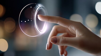 close up of hand using gesture to control smart lighting via floating holographic circle, elegant tech aesthetics