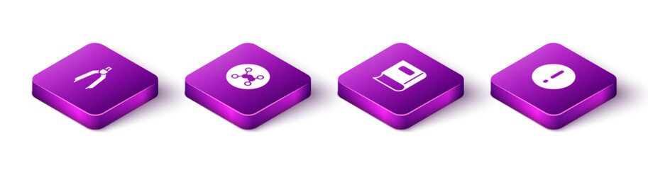 Set Isometric Drawing compass, Chemical formula, Book and Speech bubble and Exclamation icon. Vector