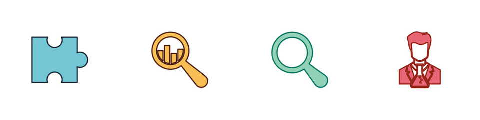 Set Piece of puzzle, Magnifying glass and analysis, and Scientist test tube icon. Vector
