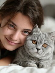 A cheerful girl enjoys a warm moment with her gray cat in a softly lit bedroom. Their close bond is visible as they share smiles together in a serene setting