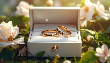 Wedding rings in a box surrounded by flowers