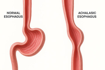 Medical illustration comparing a normal esophagus and an achalasia esophagus.