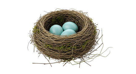 A cozy birds nest with three blue eggs isolated on white background, a symbol of new beginnings, hope, and the promise of life in springtime