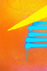 Vibrant street art with bold orange background, blue drips, yellow accent. Emphasizes 80s urban style, fluorescent elements. Posters, urban designs, digital art, modern 80s visuals.