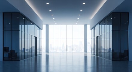 Fototapeta premium Modern Corporate Office Lobby with Glass Walls, Panoramic City View, and Bright Daylight