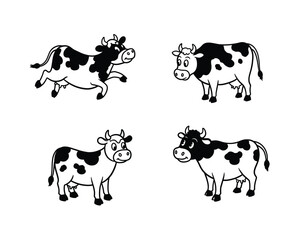 Four charming cartoon black and white holstein friesian cows depicted in various playful poses and standing still on a white background