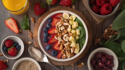 A colorful smoothie bowl with fresh fruits and granola on a wooden table