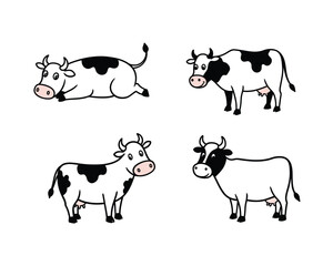 Four adorable cartoon cows in different poses showing their black and white spots and friendly expressions