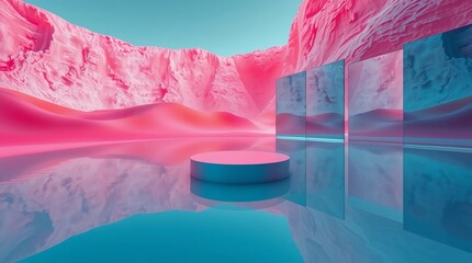 Futuristic surreal landscape with colorful sand dunes, reflective water and abstract podium in infrared tones&rdquo;
