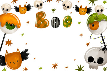 Halloween greeting card for kids party. Hand drawn invitation for october horror party. Skull, bat and garland, eyeballs