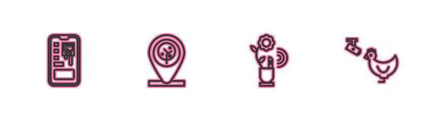 Set line Smart control farming system, technology, Location and tree and Chicken camera icon. Vector