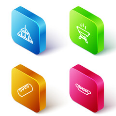 Set Isometric line Massive steel chandelier, Barbecue grill, French baguette bread and Hotdog sandwich icon. Vector