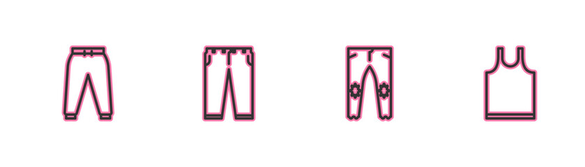 Set line Sport pants, Pants, and Sleeveless T-shirt icon. Vector
