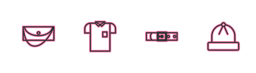 Set line Clutch bag, Leather belt, Polo shirt and Winter hat icon. Vector