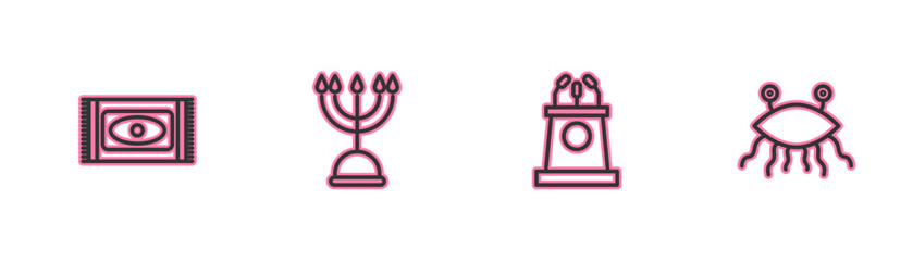 Set line Traditional carpet, Stage stand or tribune, Hanukkah menorah and Pastafarianism icon. Vector