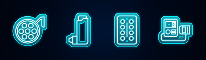 Set line Surgery lamp, Inhaler, Pills in blister pack and Blood pressure. Glowing neon icon. Vector