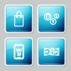 Set line Paper shopping bag, Coin money, Mobile phone and cart and Crumpled paper cash icon. Vector