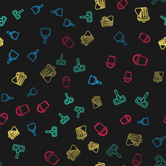 Set line Dustpan, Mop, Trash can and garbage bag and Bucket on seamless pattern. Vector