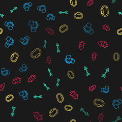 Set line Thermos container and cup, Hipster arrow, Carabiner and Tree on seamless pattern. Vector