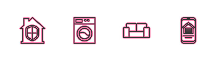 Set line House under protection, Sofa, Washer and Online real estate house icon. Vector