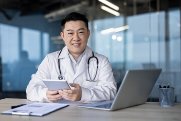 Portrait of a smiling Asian young male doctor working and studying. holding a tablet and looking at...
