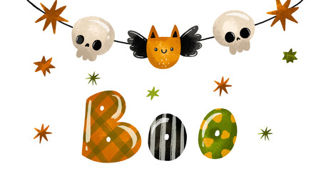 Halloween greeting card for kids party with garland and boo .  Hand drawn invitation for october horror party. Skull design