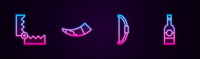 Set line Trap hunting, Hunting horn, Bow and Bottle of vodka. Glowing neon icon. Vector