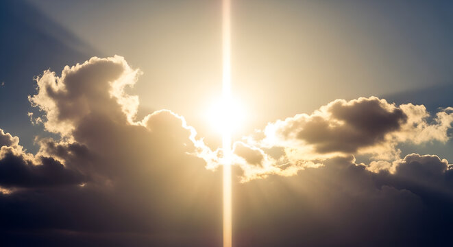 Realistic image of a bright sun shining through the clouds, symbolizing the singular source of all life and existence in monism
