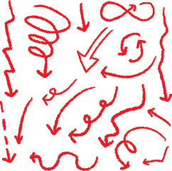 Red Crayon Arrow Doodles Set, Hand Drawn Swirls, Curved Lines, Chaotic Pointers, Chalk Sketches, Artistic Design Elements, Grunge Style Marker Scribbles, Crayon Stroke Outlines