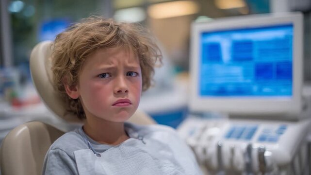 A young boy with tousled hair winces in a high-tech dental chair, surrounded by neatly arranged dentist equipment.