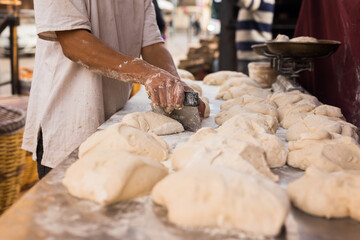 yeast dough on baking table. cooking process