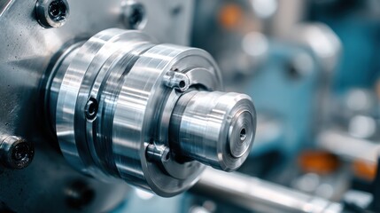Fototapeta premium factory worker operating lathe machine, shiny metal detail spinning, cinematic shallow depth of field