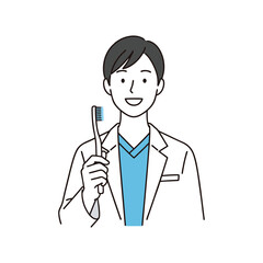 Simple color vector of a smiling dentist holding a toothbrush on white background 