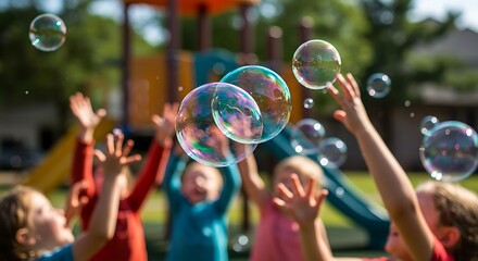 Joyful kids playing with iridescent soap bubbles outdoors at a sunny playground, capturing happy childhood fun and innocence.
