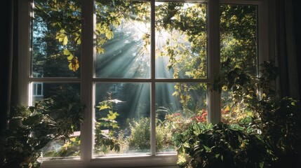 Sunlight streaming through a window, illuminating indoor plants and creating a serene atmosphere.