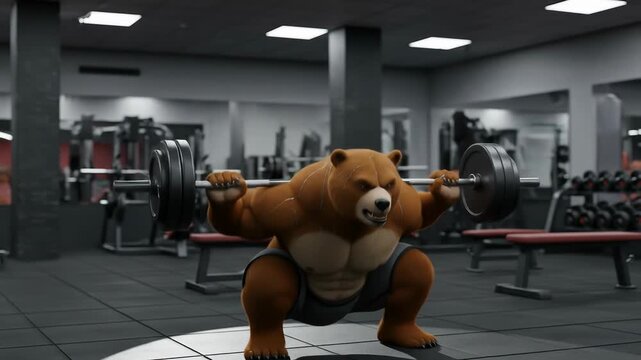 Animated Bear Powerlifting Heavy Barbell in Gym: Strength, Fitness, and Cartoon Fun
