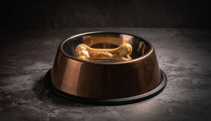"Shiny metallic dog bowl with stylized golden bone inside, placed on dark textured surface
