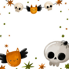 Halloween greeting card for kids party. Hand drawn invitation for october horror party. Skull, bat and garland
