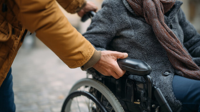 A man is helping a woman in a wheelchair