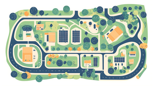 Charming Aerial View of a Suburban Community with Green Spaces and Solar Panels